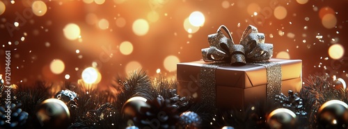 Golden Gift Box Surrounded by Festive Decorations and Shimmering Lights