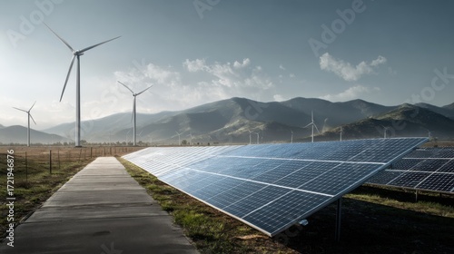 solar panels wind turbines mountain landscape
