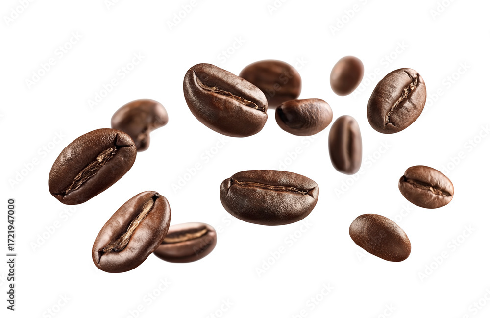 Obraz premium A dynamic image of windy coffee beans swirling through the air against a white background, symbolizing freshness, aroma, and motion. The roasted brown beans appear to be caught in a breeze, creating a