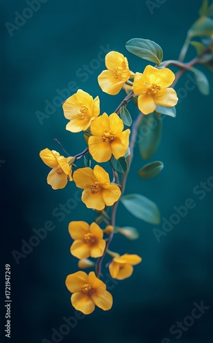 Bright Yellow Flowers Bloom Against a Dark Background in a Serene Natural Set...