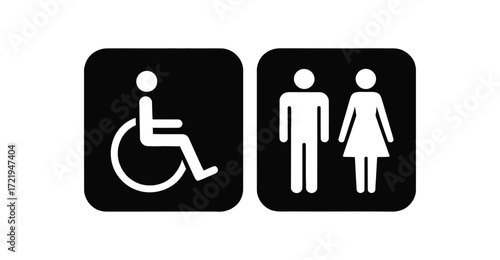 Black restroom and accessibility icons—minimalist symbols for inclusive facilities, gender access, disability support, or public space signage