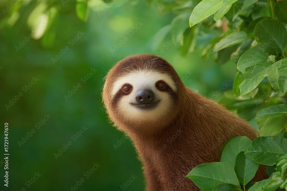 Obraz premium Charming sloth peeking through lush green foliage, showcasing pl