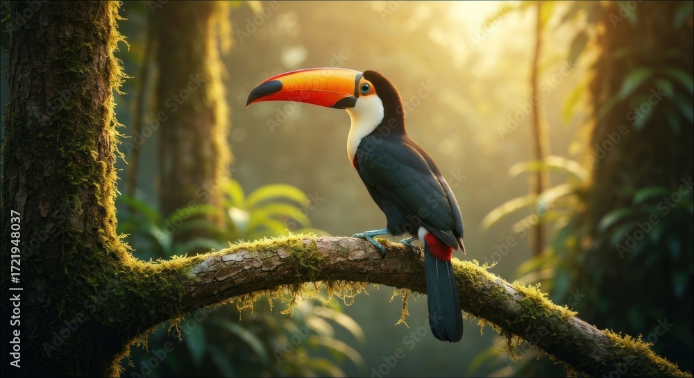 Obraz premium Toucan perched on a mossy branch in a sunlit rainforest