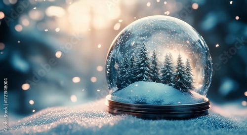 Snow Globe Scene With Serene Winter Landscape and Softly Falling Snowflakes D...