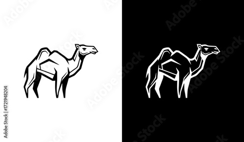 A black-and-white vector illustration of a standing dromedary camel, shown in side view facing right, with a single hump, slender legs, and minimal line details highlighting its body contours.