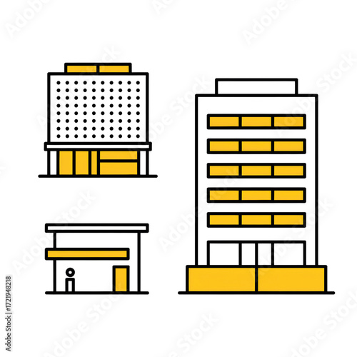 Modern city architecture showcases geometric building designs for urban planning, emphasizing minimalist style, ideal for architects and construction firms