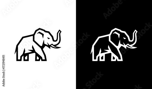 black-and-white vector illustration of a standing elephant, shown in side view facing right, with large ears, curved trunk, prominent tusks, and bold outlines emphasizing its massive body shape.