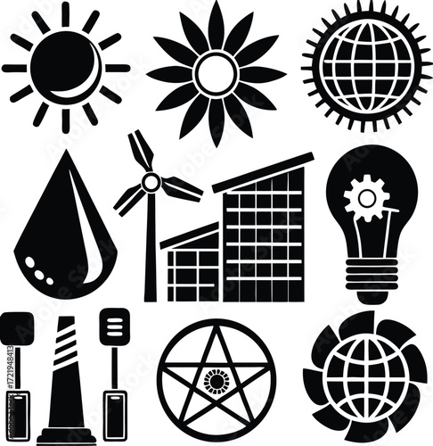Eco-friendly energy icons including sun flower wind turbine building light bulb water drop and globe symbols representing sustainability and renewable resources for environmental awareness