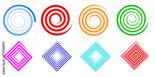 Collection of different painted spirals. Vector  illustration. 