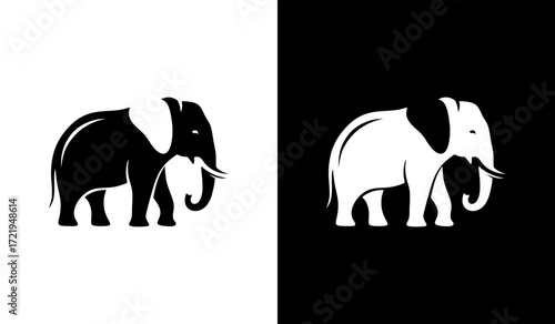 black-and-white vector illustration of a standing elephant, shown in side view facing right, with large ears, curved trunk, prominent tusks, and bold outlines emphasizing its massive body shape.