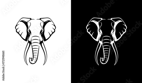 black-and-white vector illustration of an elephant’s head, shown from the front, with large flared ears, long curved tusks, and a downward trunk highlighted by bold contour lines.