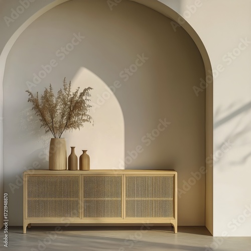 Elegant Interior Design Setup Featuring a Stylish Cabinet and Natural Decor E...