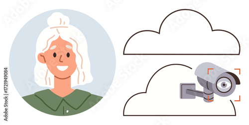 Smiling woman face illustration linked to cloud with surveillance camera representing face recognition and data storage. Ideal for technology, privacy, cloud security, AI, biometrics, digital