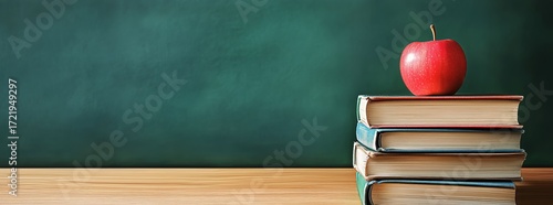Books With a Red Apple on Top Sitting on a Wooden Table in a Classroom Setting