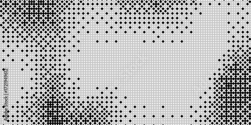 Bitmap pixelated grunge gradient texture. Black and white dither pattern wallpaper. Abstract glitchy pattern. 8 bit video game background. Wide raster backdrop. Retro pixel art Illustration. Vector