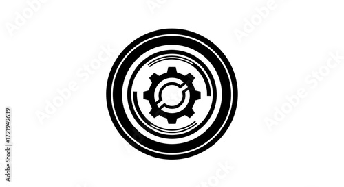 Vector silhouette of a futuristic emblem with a rotating gear inside concentric rings, isolated on white.