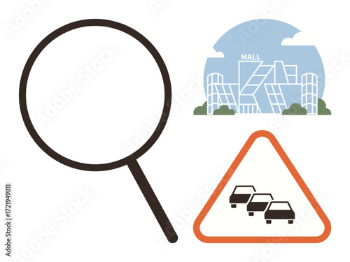 Magnifying glass, modern shopping mall, and traffic warning icon. Ideal for city exploration, shopping, transportation, research, travel planning safety awareness and modern life. Simple flat