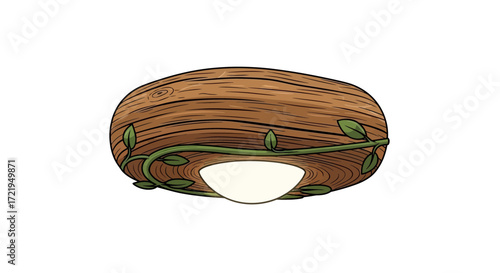 Whimsical wood slice artwork entwined with a delicate vine illustration