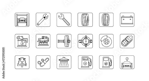 Collection of Car Service Icons Wheels, Tools, Engine, and More for Maintenance and Repair