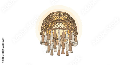 Artistic boho style chandelier with tassels and wicker structure