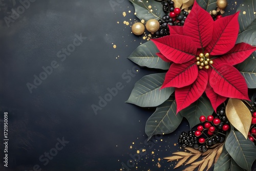 Bright Red Poinsettia and Festive Decorations Arranged for Holiday Celebration