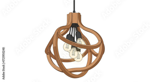 Charming wooden pendant lamp with multiple bulbs isolated on white backdrop