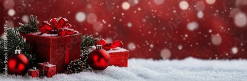 Festive Red Gifts and Ornaments Adorn a Snowy Landscape With a Warm Holiday B...