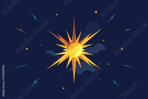 Vector illustration of an explosive night sky with bright holiday fireworks and sparking stars
