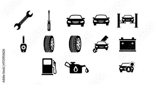 A comprehensive collection of black silhouette icons representing various aspects of car maintenance, automotive repair services, and essential vehicle components, ideal for design projects