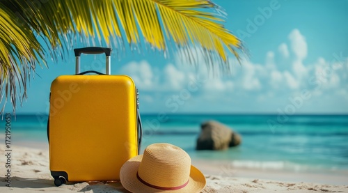 Bright Yellow Suitcase and Straw Hat on Sandy Beach With Clear Blue Water and...