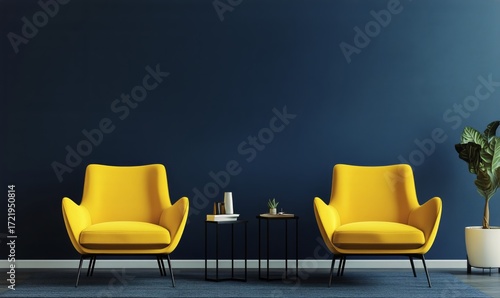 Bright Yellow Chairs Create a Modern Lounge Area With Dark Blue Wall and Styl...