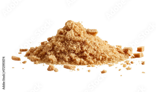 scattered brown sugar isolated on a white background, top view. burnt umber tones, gamer art, close-up shot, 4k resolution, ultra-realistic, high detail, stock photography, bright soft lighting, natur
