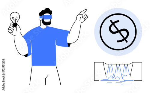 Man in VR headset holds lightbulb, gestures towards dollar icon connected to flowing water. Ideal for innovation, technology, virtual reality, sustainability, creativity, economics finance. Simple