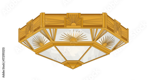 Gleaming geometric ceiling fixture with radiant burst designs in gold
