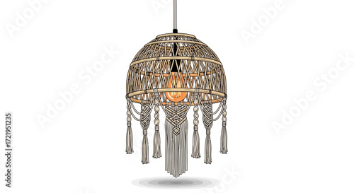 Handcrafted rattan pendant lamp with macrame fringes, modern interior design