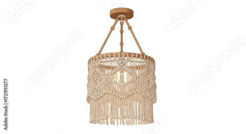 Handmade bohemian macrame chandelier with wood accents, illuminating a space