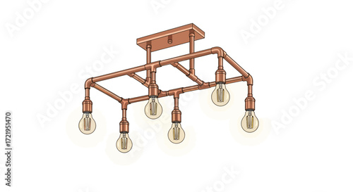 Industrial Copper Pipe Chandelier with Filament Bulbs Isolated on White