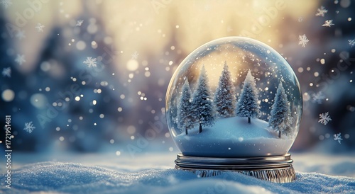 Snow Globe Scene With Serene Winter Landscape and Softly Falling Snowflakes D...