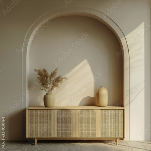 Modern Decor in a Sunlit Room With a Stylish Cabinet and Decorative Vases