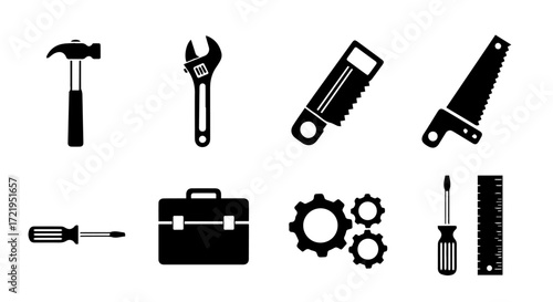 A minimalist black and white vector icon set of essential workshop tools for construction, repair, and DIY projects, featuring a hammer, saw, and gears
