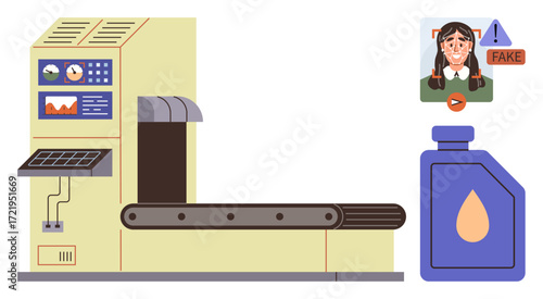 Manufacturing machine and conveyor belt producing bottle near fake content warning. Ideal for automation, production, AI ethics, misinformation, digital verification, media trust, simple flat