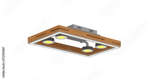 Modern Ceiling Light Fixture with Wooden Frame and Recessed Spotlights