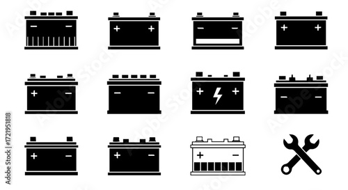 A diverse set of monochrome car battery icons representing various types of automotive power and energy storage