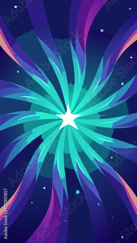 Abstract bright colorful starburst design with glowing light rays on a blue background