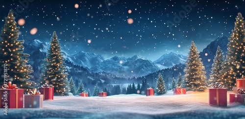 Winter Wonderland With Snow, Trees, and Gifts During the Holiday Season at Night