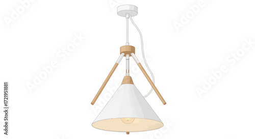 Modern pendant lamp with white shade and wooden accents isolated design