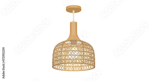 Stylish wicker pendant lamp with warm light on a white background