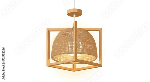 Stylish wicker pendant light fixture with wood frame, vector illustration