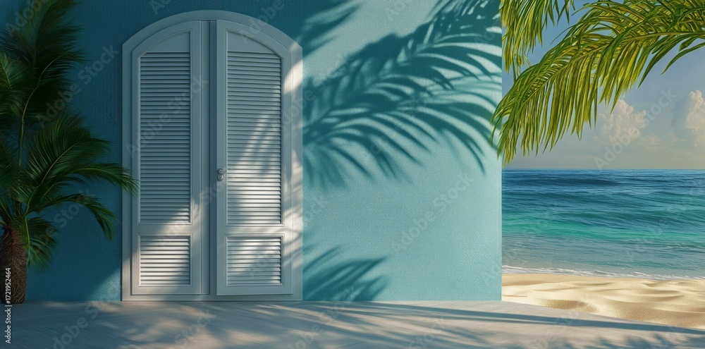 Fototapeta premium Bright Blue Wall With Tropical Door and Palm Tree Shadow by the Ocean Shore During Daytime