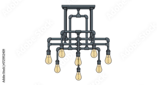 Unique steampunk style ceiling lamp with visible pipes and light bulbs